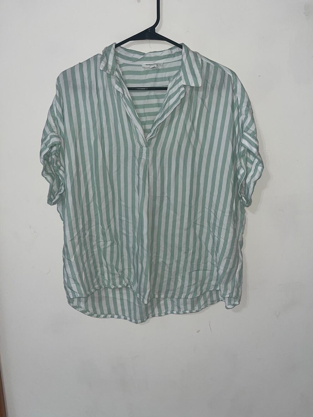 Mint and White Striped Casual Beach Collared Top Womens L